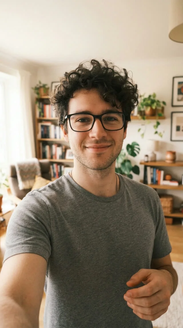 Input photo: a man with curly hair and glasses